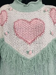 Vintage 1980s heart sweater, pink green white novelty print oversized fringe
