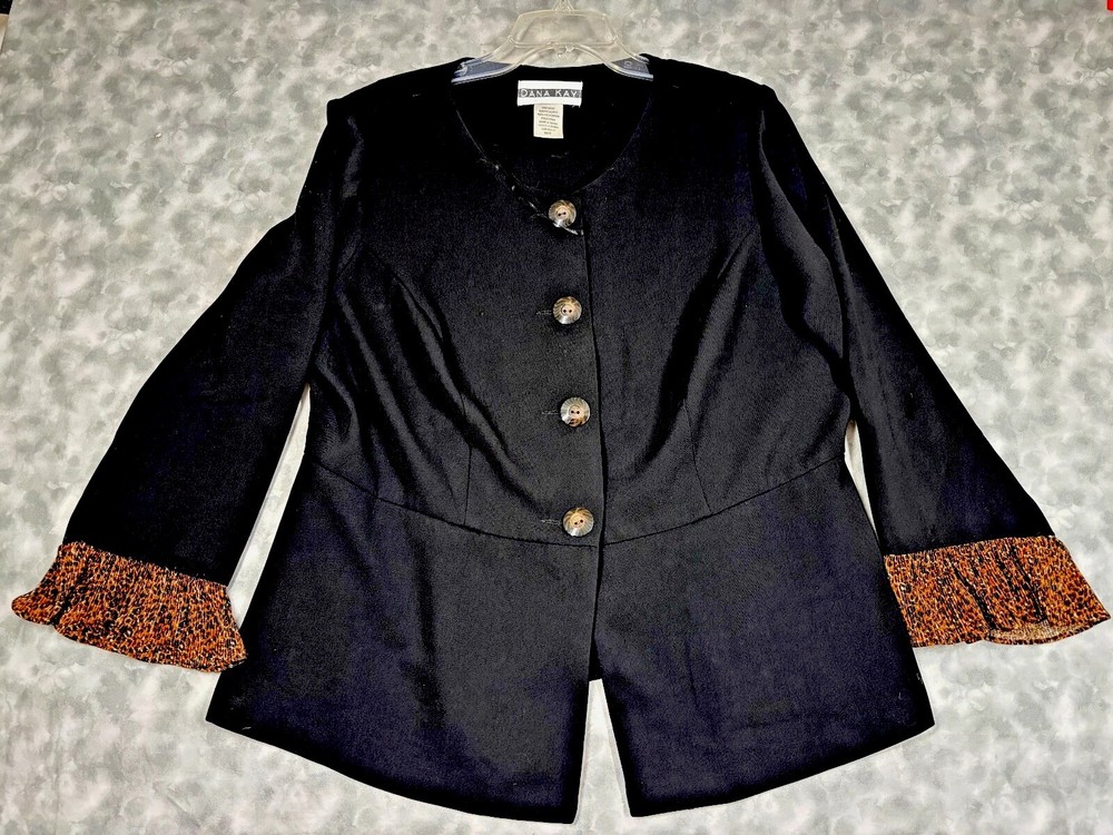 Dana Kay Blazer 16W Black Button-Up Ruffle Animal Print Cuff