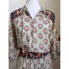 Vintage 70s Midi Dress Boho Smocked Waist Semi Sheer Peasant Batik Block Print