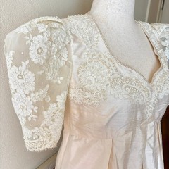 Vintage 70s Handmade Beaded Lace & Silk Cream Wedding Dress Empire Waist Size 12