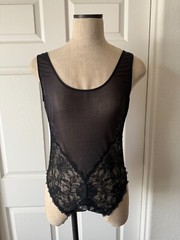 Donna Karan Intimates Black Mesh & Lace Scoop Neck Sleeveless Thong Bodysuit L