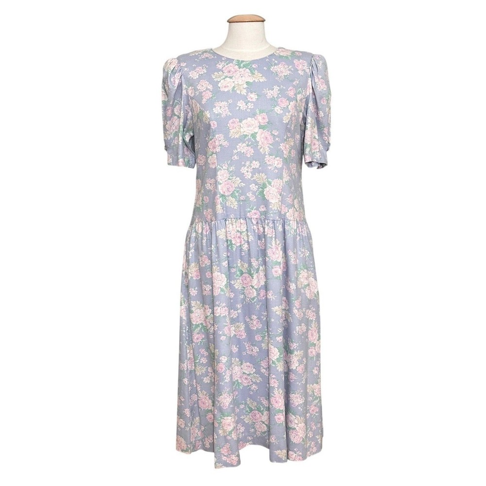 VTG Lanz Women Dress M Pastel Blue Floral Prairie Cottagecore Feminine Victorian