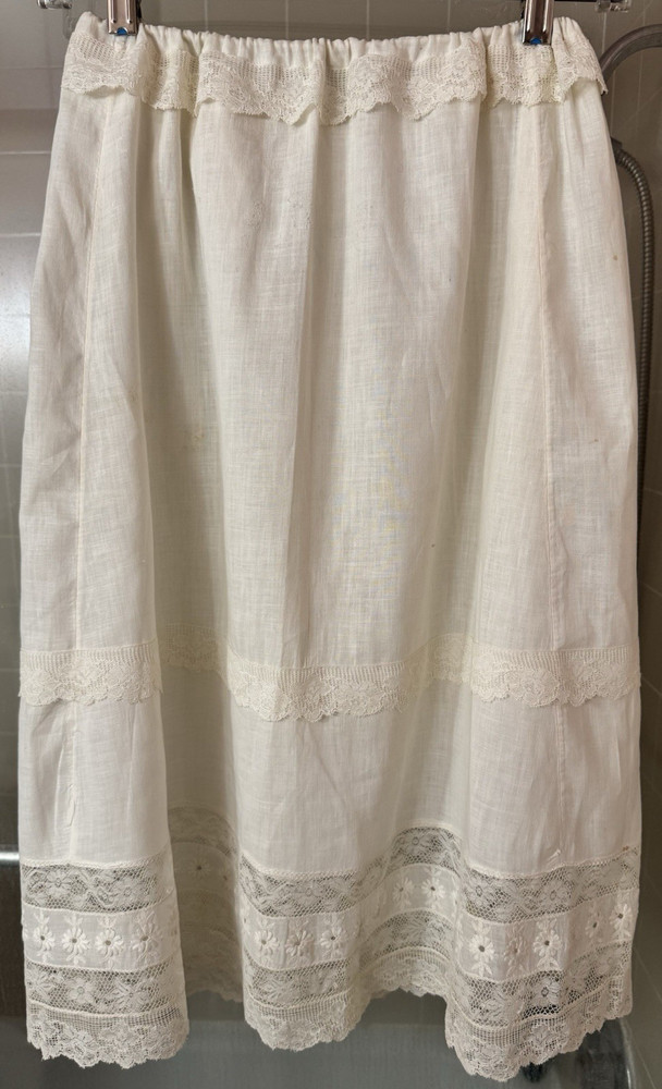 Lovely Antique 1900 Edwardian White Cotton Petticoat Lace Trim Drawstring Skirt