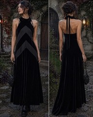 Vintage Velvet Maxi Dress Women 8 Black Halter Stripe Goth Vampy HOCO Prom