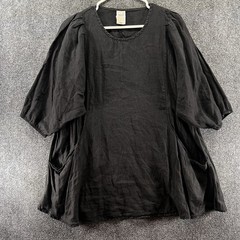 Vtg Match Point 100% Linen Tunic Top Sz M Black Oversized Lagenlook Boho Beach