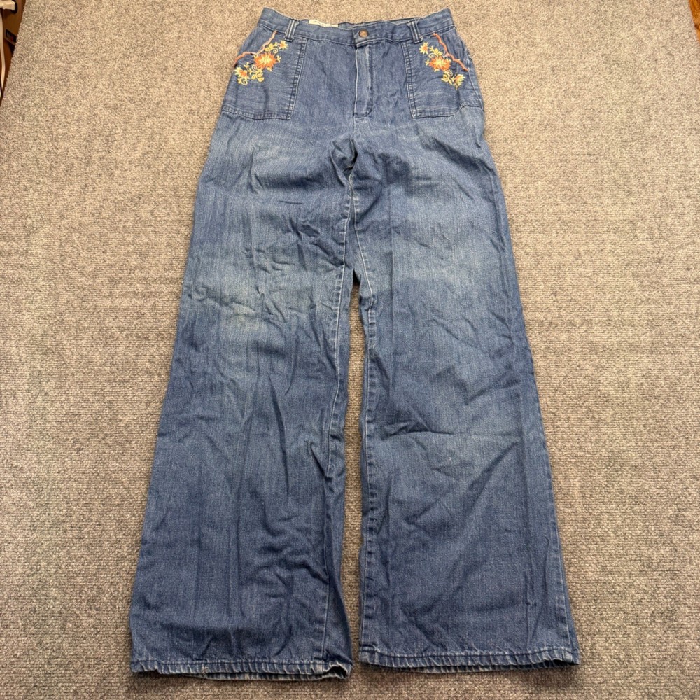 Vintage JCPenney Fashions High Waist Wide Leg Floral Embroidered Denim Jeans 27