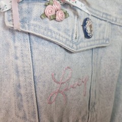 80’s 90’s Jordache Jeans Jacket Denim Light Wash Personalized “Lucy” Ribbons L