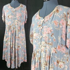 Vintage Ellen Ashley Blueish Grey Dress w Pink & Cream Florals Size 14P