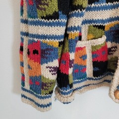Express Tricot Vintage Hand Knitted 100% Wool Multicolor Patchwork Cardigan M/L