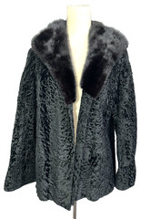 Vintage 60s Black Karakul Lamb Swing Coat Size Mink Collar Mod Glam Luxurious