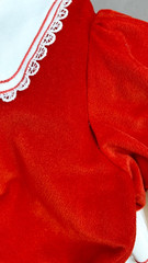 Vintage 1970s red velvet maxi dress XS short puffed sleeves white lace collar
