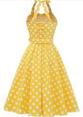 Vintage 50s Sundress Yellow White Polka Dots Fit and Flare Size S Adjustable