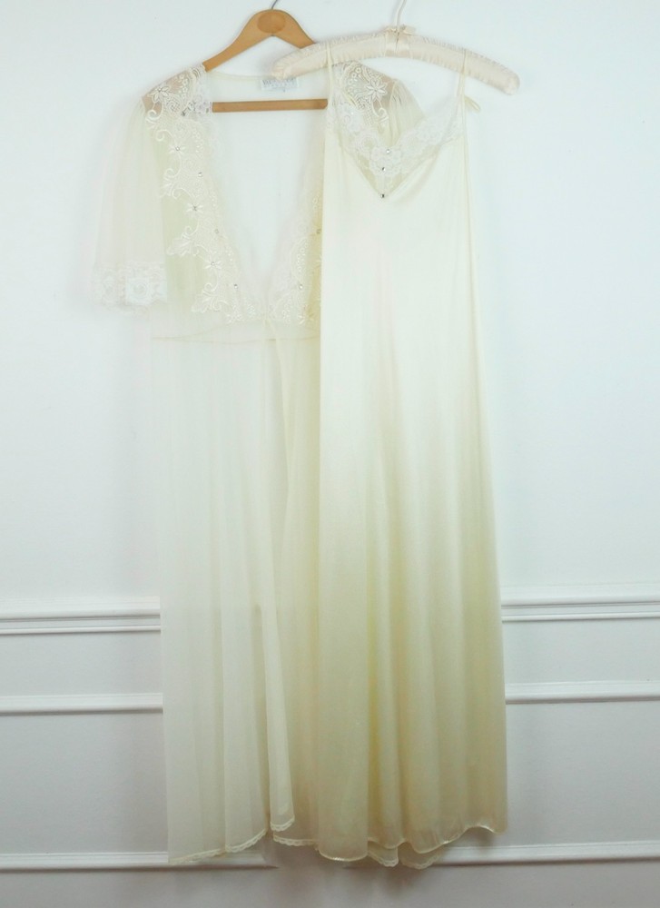 Vintage Val Mode Peignoir Set Sheer Nylon Lace Medium Coquette Bridal Romantic