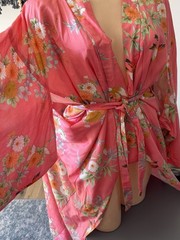 Vtg Best Quality Japan 52.5” Long Kimono Robe Peachy Pink w/Birds One Size