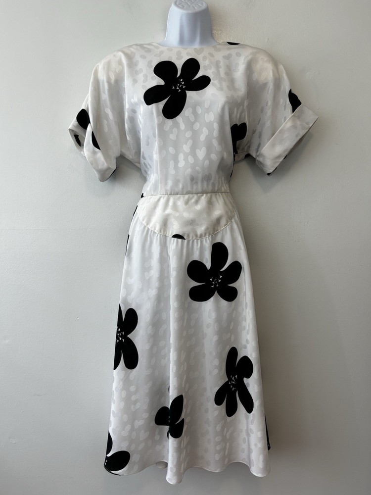 Vintage Lady Carol Of New York Dress Black White Flower 80s 70s Polyester