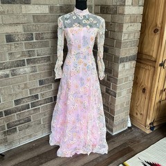 VINTAGE Sheer Floral Maxi Dress Wmns S Pastel Pink Long Sleeve Cottagecore #2B5