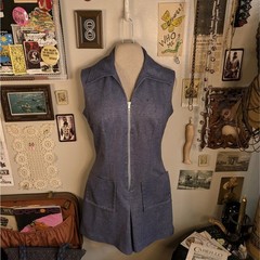 Vintage Zip Up Playsuit Romper Women’s Medium Blue Faux Denim Mechanic