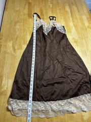 Vintage 1960’s Van Raalte Brown lace trimmed full slip 34 A White Made In USA
