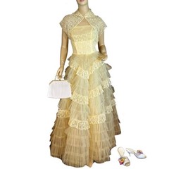 VINTAGE CIRCA 1950’S YELLOW TULLE & TAFFETA PARTY DRESS WITH BOLERO SZ XS