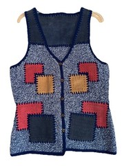 Vtg Handmade Patchwork Leather Vest Crochet Hippie Boho Western Women’s S/M