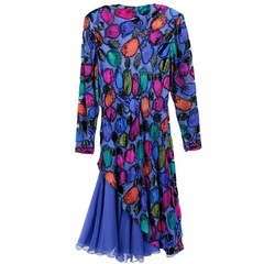 JUDY HORNBY COUTURE Vintage DRESS 80’s Gown Floral Blue Purple Layered Size 6