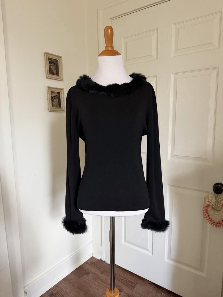 Vintage Joseph A. Black Silk Sweater with Genuine Fur Trim – Large