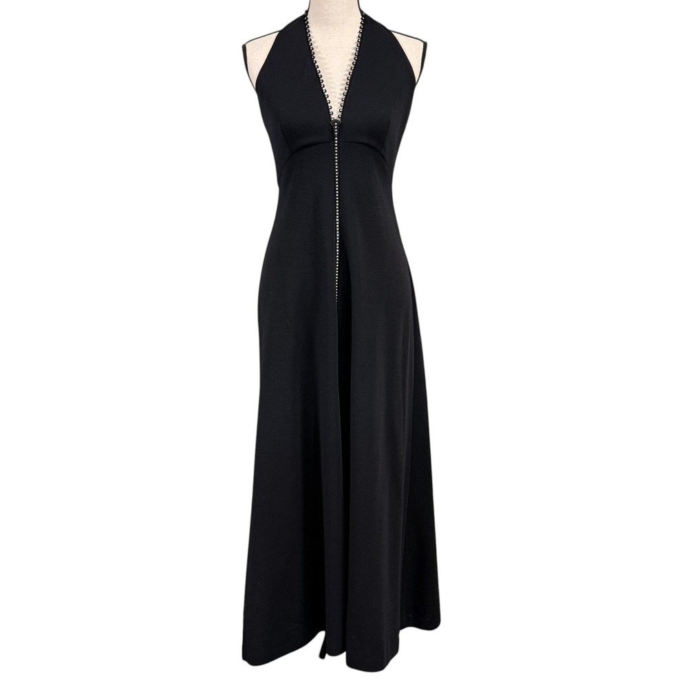 VTG 70s Black Halter Maxi Dress Plunge Convertible Rhinestone Zipper Size Small