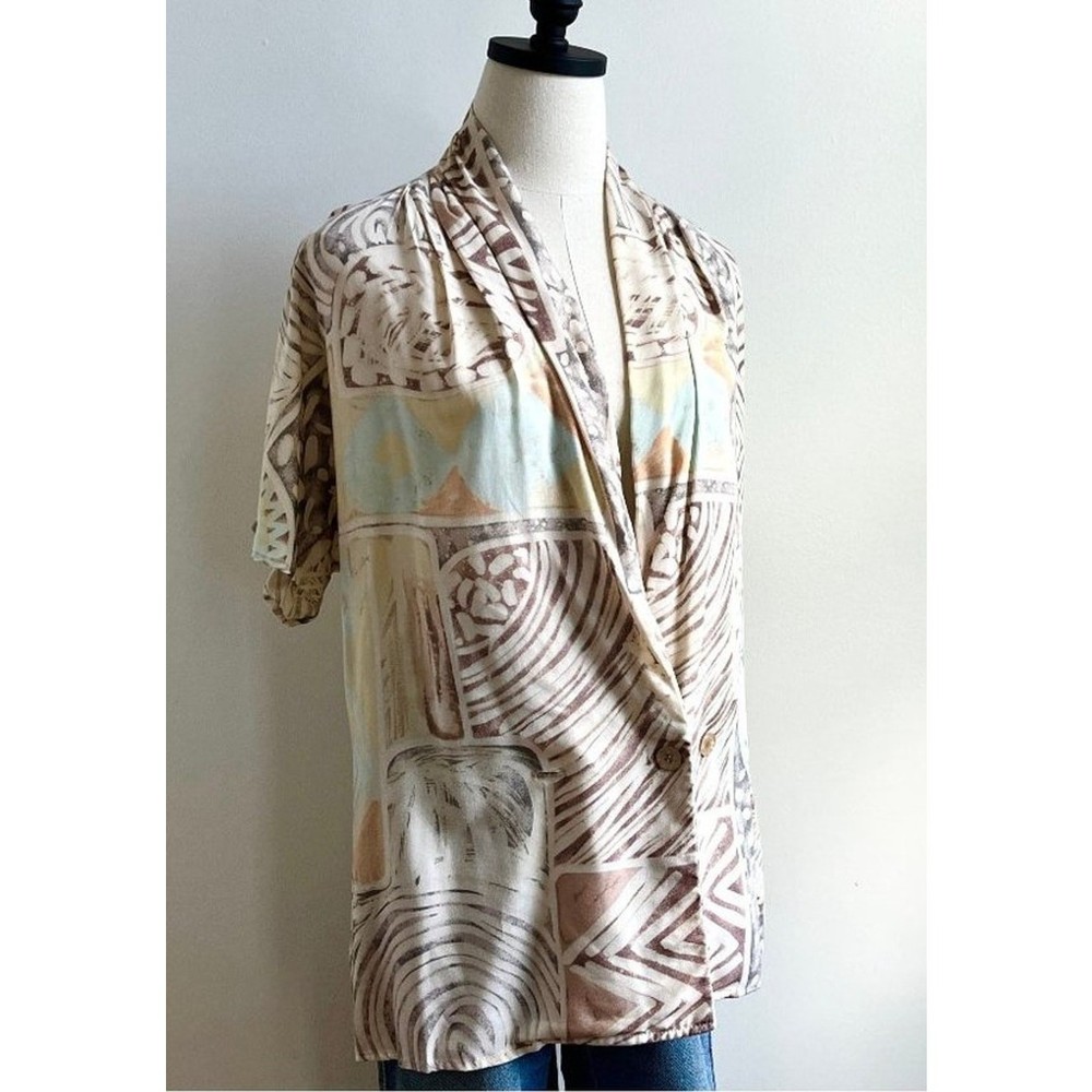 Vintage 70s Draped Rayon Print Blouse | Neutral Abstract | Shawl Collar | Size L