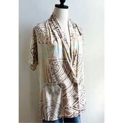 Vintage 70s Draped Rayon Print Blouse | Neutral Abstract | Shawl Collar | Size L