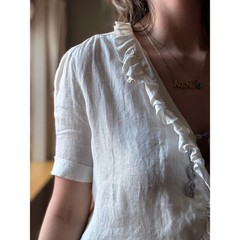 Vintage 80s Linen Blouse | Ivory Ruffle Open Front | Edwardian Revival | M/L