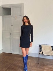 Vintage Hoss Intropia navy silk mini dress – sheer sleeve open back cocktail dre