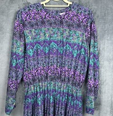 VTG Terri Ellen Dress Womens 18 Tall Green Purple Rayon Blend Pleated – No Belt