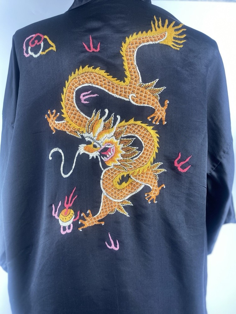 Vintage Golden Dragon Hand Embroidered Silk Robe Size X-LARGE