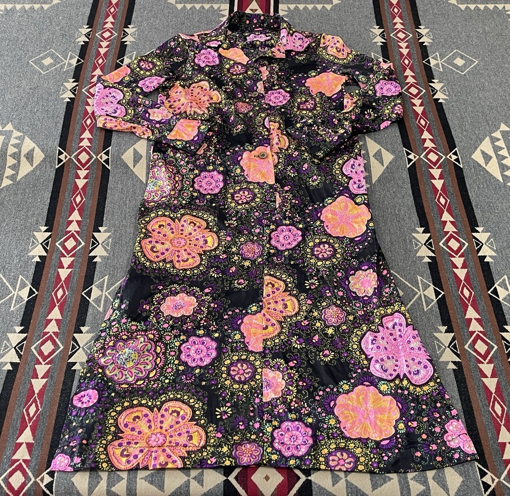 Vintage Psychedelic Floral Prairie Maxi Dress 60s 70s S/M T47
