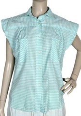 Vintage 80s Linnay Blue/White Check Cap Sleeve Button-Down Womens Shirt