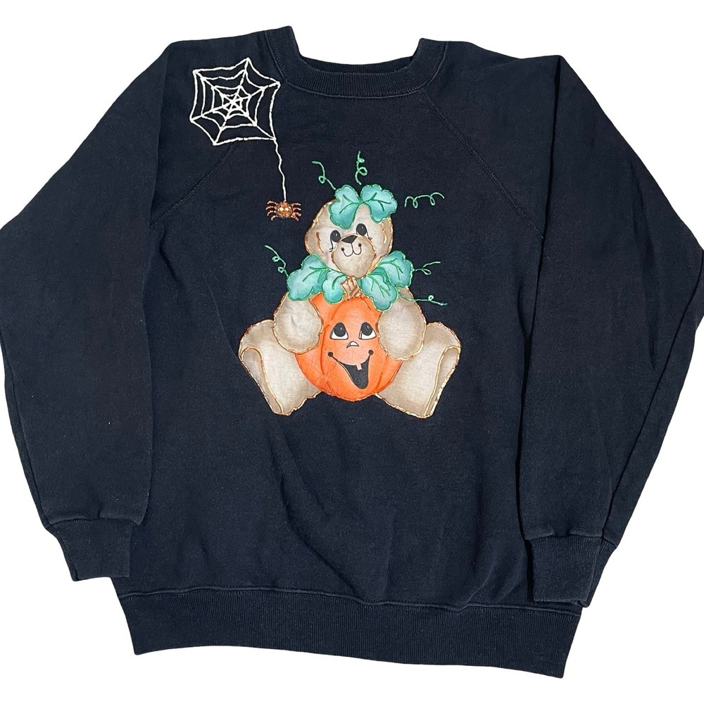 Vintage Puffy Paint Halloween Teddy Bear Pumpkin Sweatshirt Black L USA Made