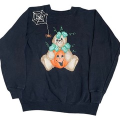 Vintage Puffy Paint Halloween Teddy Bear Pumpkin Sweatshirt Black L USA Made