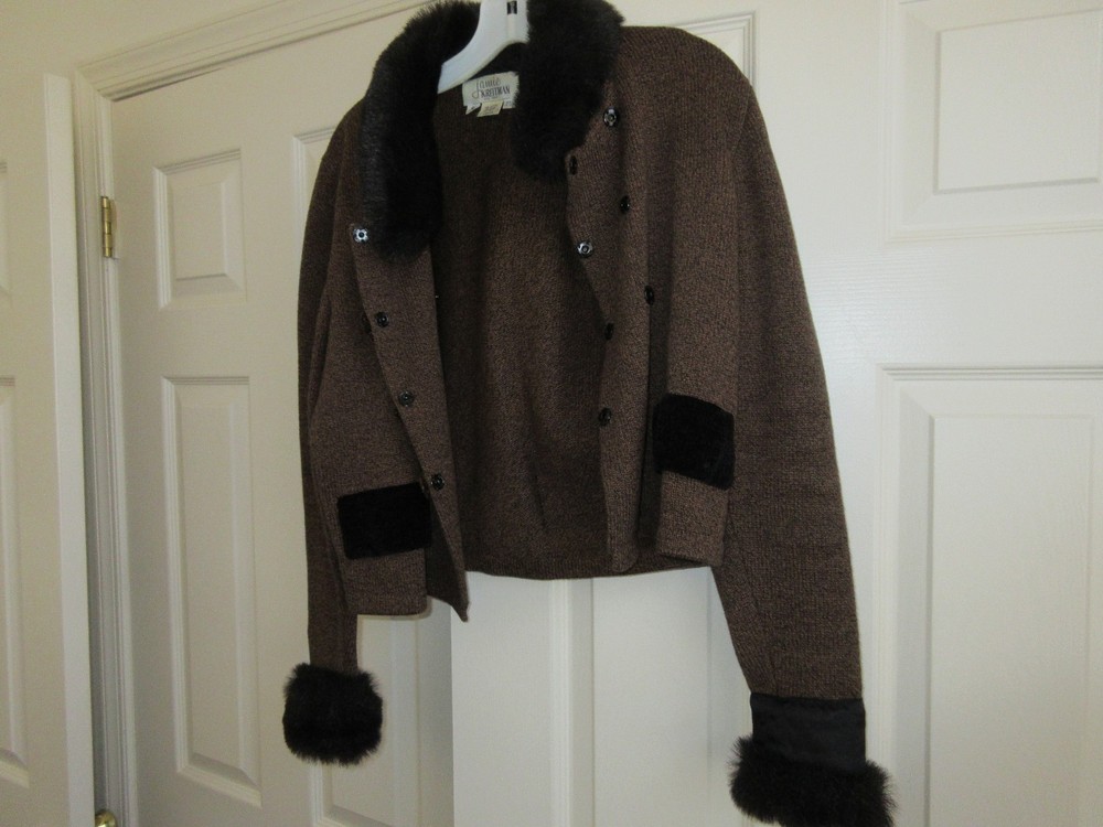 Jamie Kreitman , Ladies Jacket , Synthetic Fur Trim , Small , Black / Brown Comb