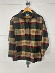 Leslie Fay Vintage Wool blend Plaid Flannel Shirt Beige Green Womens Small