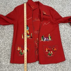 Vintage 1950s Guillermo Guevara Made In Mexico Red Hand Embroidered Wool Jacket