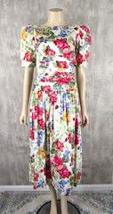Vintage 80s Misty Lane Floral Cotton Garden Party Tea Dress Open Back Midi Dress