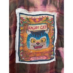 Upcycled Flannel Shirt Angry Cat Patch Grunge Art Large