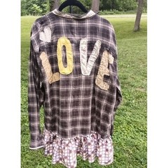 Upcycled Boho Patch Flannel Shirt, Ruffle, Western Hippie Cowgirl Style