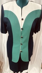Vintage 80s DJ Summers Colorblock Skirt Suit Green Navy Cream Geometric Size 12