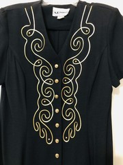 Vintage S.L. Fashions Dress sz 14 Black Gold Embossed With Gold Tone Buttons