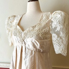 Vintage 70s Handmade Beaded Lace & Silk Cream Wedding Dress Empire Waist Size 12