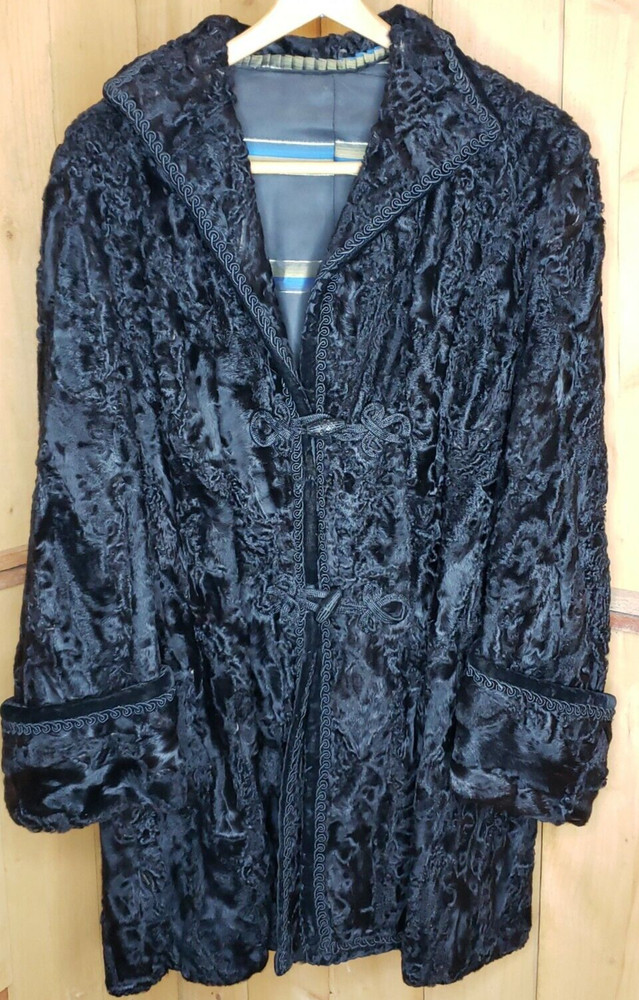 Vintage 1940s 50s Swakara Broadtail Karakul Astrakhan Fur Coat Silk Lined