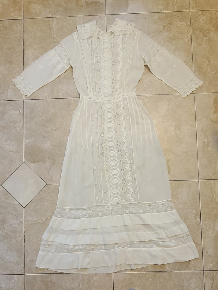 Antique Bellas Hess & Co Edwardian Victorian Sheer Lace Maxi Dress XS Wedding