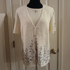 Alfred Dunner Cream Cardigan with Built In Blouse Purple Embroidered Flowers M
