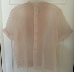 Patty Woodard Of California Blouse Sheer Pink Top Ruffle Bib Short Sl Vintage L